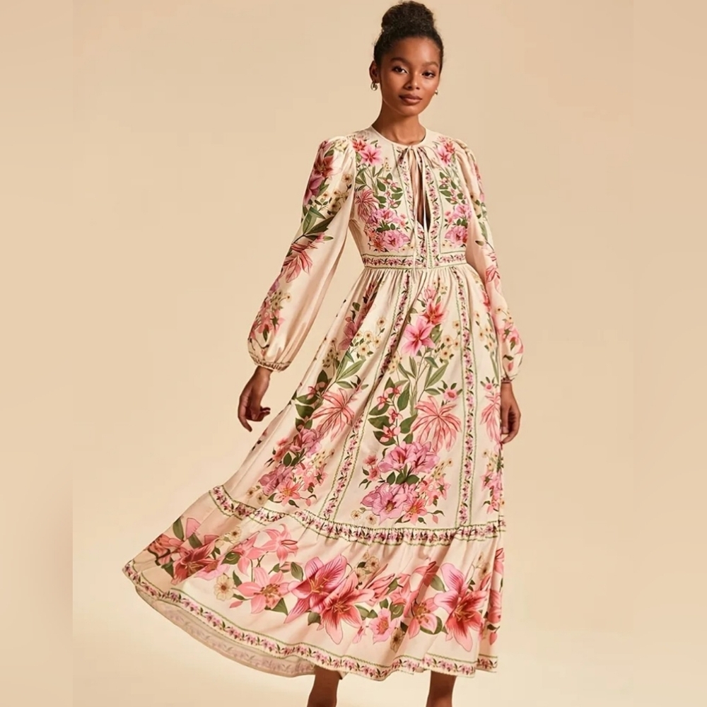 Floral Long Sleeve Maxi Dress in Cream and Pink - Picture 3 of 14